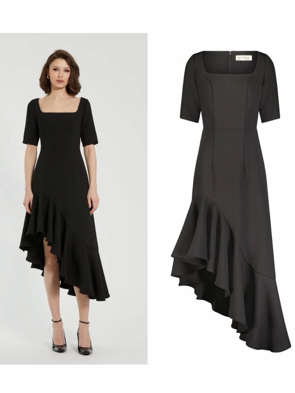 Mac Duggal Black Crepe 3/4 Sleeve Asymmetrical Hem Dress NWT